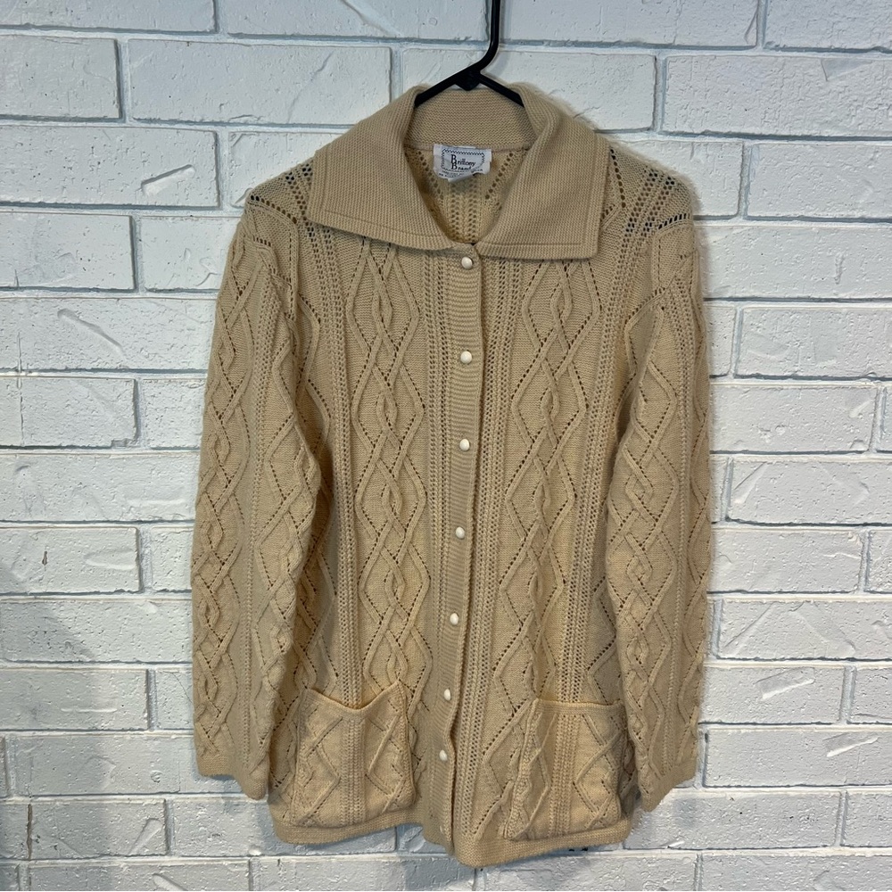 Vintage Brittony Brand Cream/Tan Knit Cardigan Sweater Women’s L
